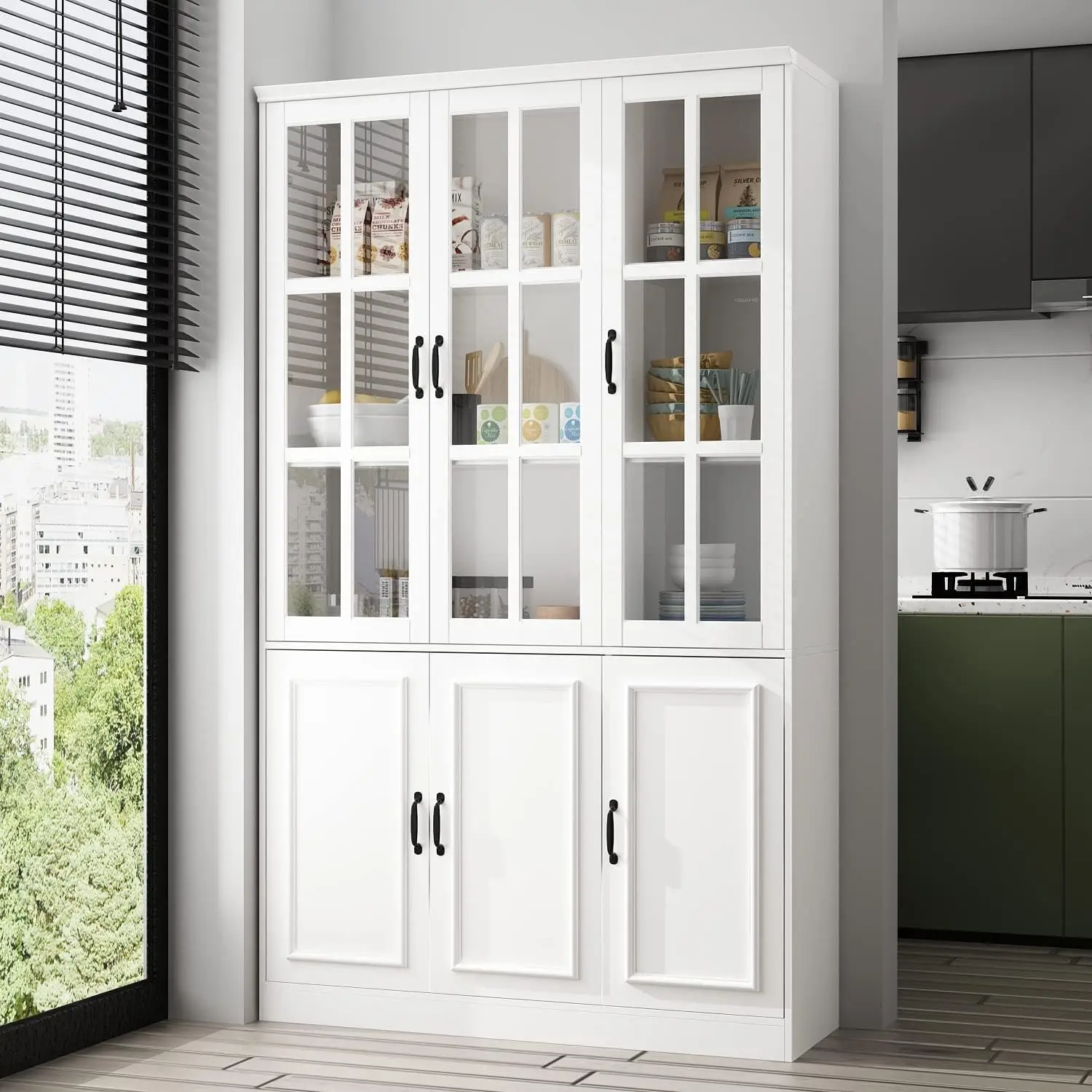 Freestanding Kitchen Pantry with 3 Glass Doors, Large Kitchen Pantry Storage Cabinet with 5-Tier Shelves