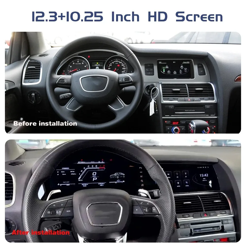 Android 14.0 For Audi Q7 4L 2008-2018 Car Dashboard LCD Digital Instrument Speedometer Dual Screen CarPlay Multimedia Playe