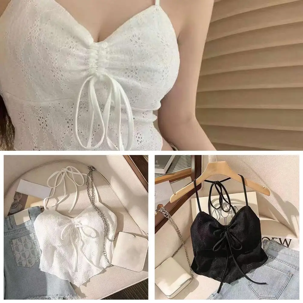 Lace Trim Crop Top Aesthetic White Bow Cute Sweet Mini Tee Pads Casual Summer Vest Backless Vest Women Basic Chest Knitted K1Q2