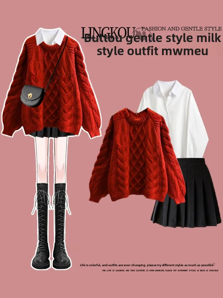 

Комплект для полных женщин: осенне-зимний наряд на Новый год, стройнящий и скрывающий недостатки фигуры, из двух предметов: красный свитер и плиссированная юбка, для повседневной носки