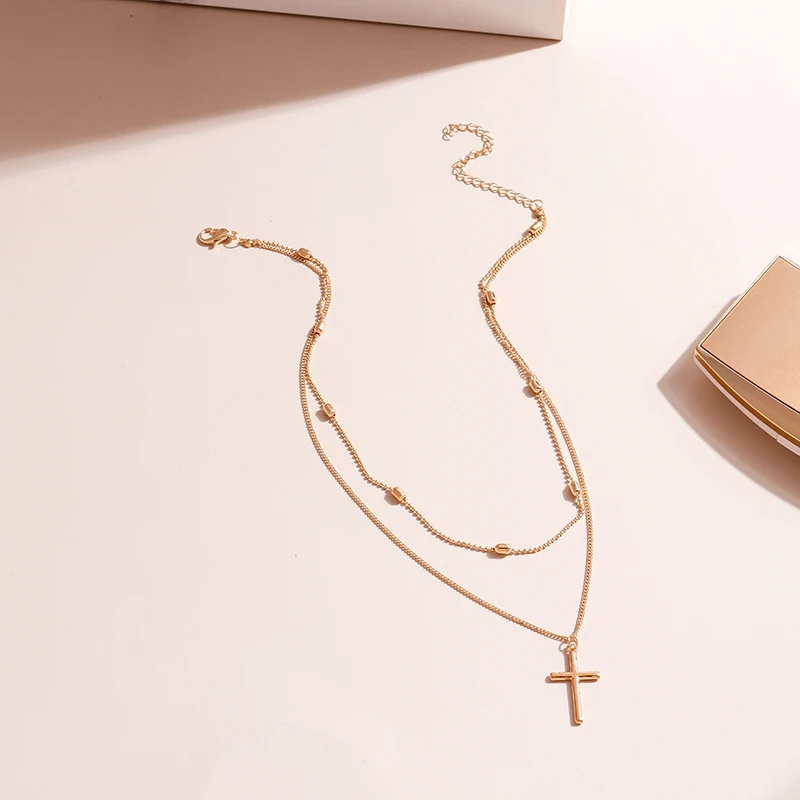 Vintage Kreuz Anhänger Halskette für Frauen Gold Silber Farbe Mehrschichtige Ovale Perlen Kette Halskette Minimalismus Weiblichen Schmuck – Detail 4