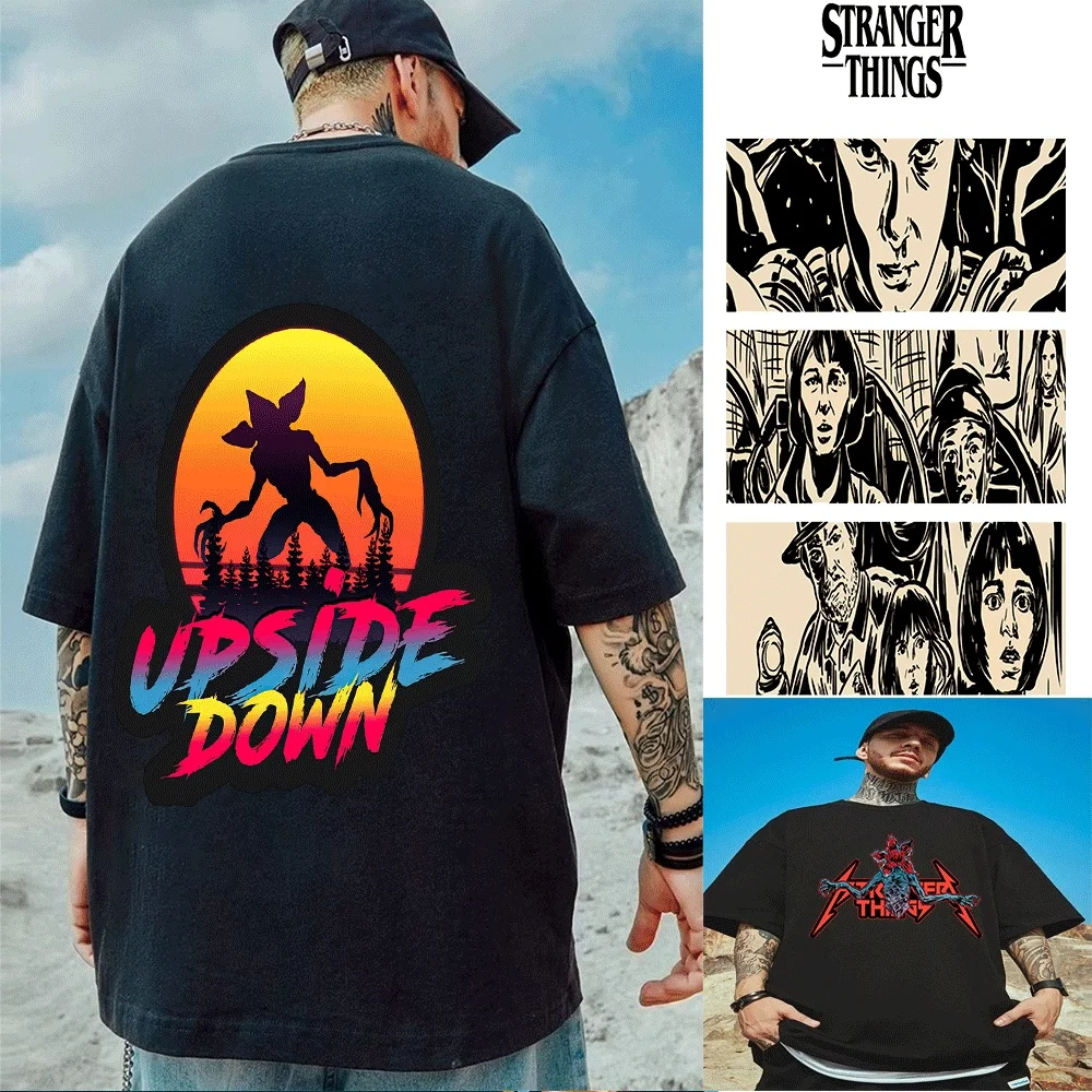 Camiseta para padres e hijos inspirada en Stranger Things al revés, silueta de Demogorgon contra el atardecer con pinillos, pincel colorido