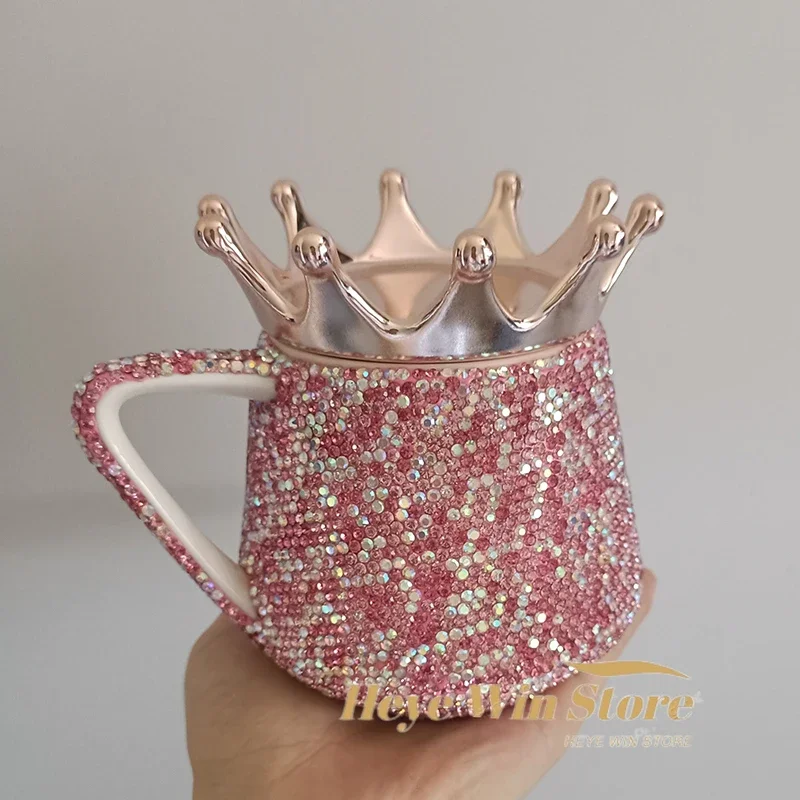 

Sparkling Crown Diamond Ceramic Mug 320ml Luxury Coffee Mug Milk Cup With Lid Tea Cup Self Stirring Water Drinking Bottle