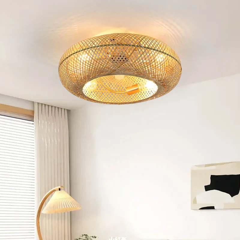 Low Floor Ceiling Fan with Lights Retro Handmade Bamboo Rattan Ventilator Invisible Bedroom Fan Lights Ceiling Lamp Inverter Fan