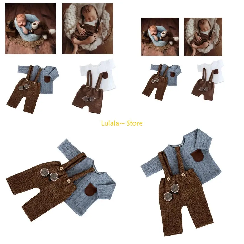 

Y4QA Newborn Photoshoot Apparel Kits Baby Blouse with Eyewear & Overall Shorts Newborns Photography Outfit Set for Boys Girls