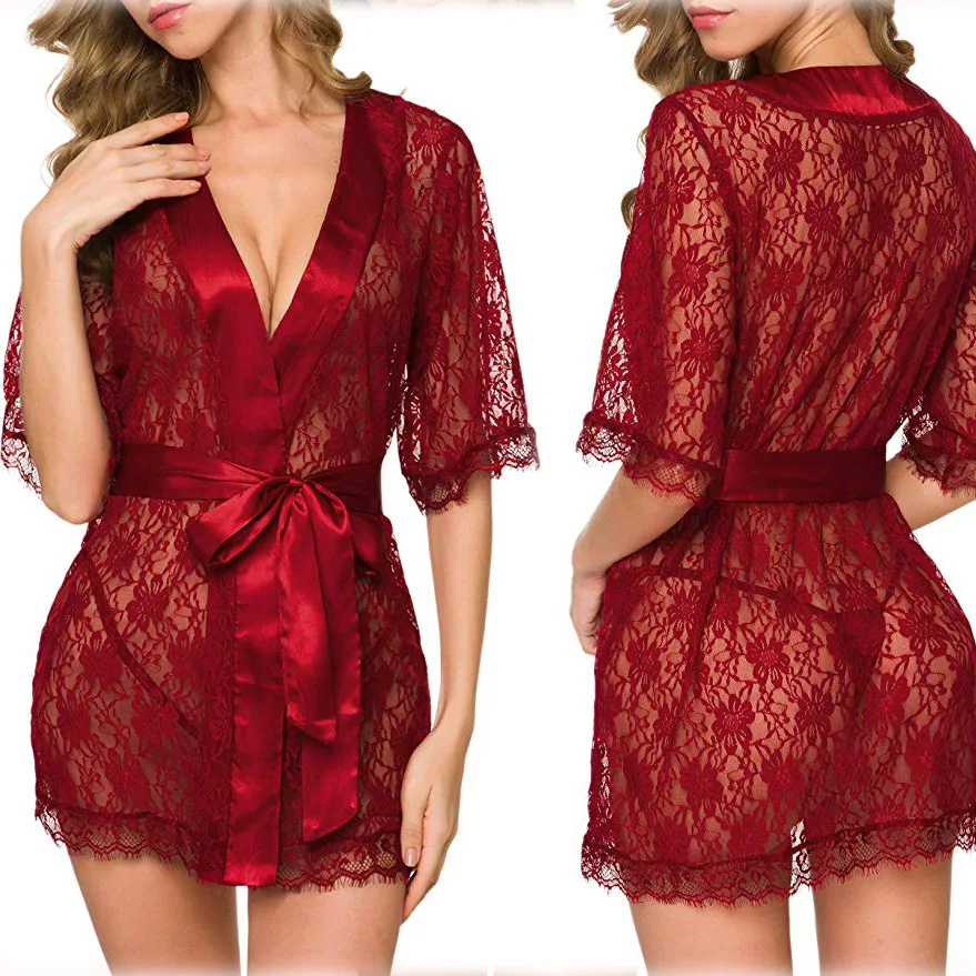 Sexy Women Lingerie Lace Night Dress Sleepwear Nightgown Bandage Deep V G-String See Through Sexy Sheer Sleep Sex Exotic Dress