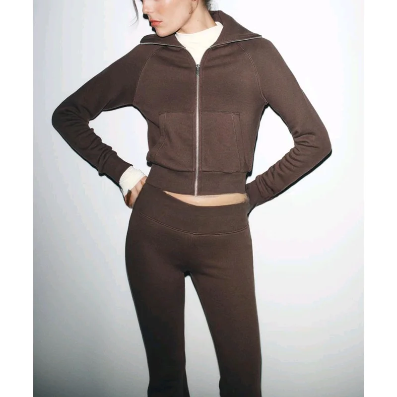 ارتفاع الخصر رفرف طوق طويل Sve Fce Jaet 47486 Bootcut السراويل 47487 عارضة Sle الخريف Faion مجموعة معطف المرأة #4