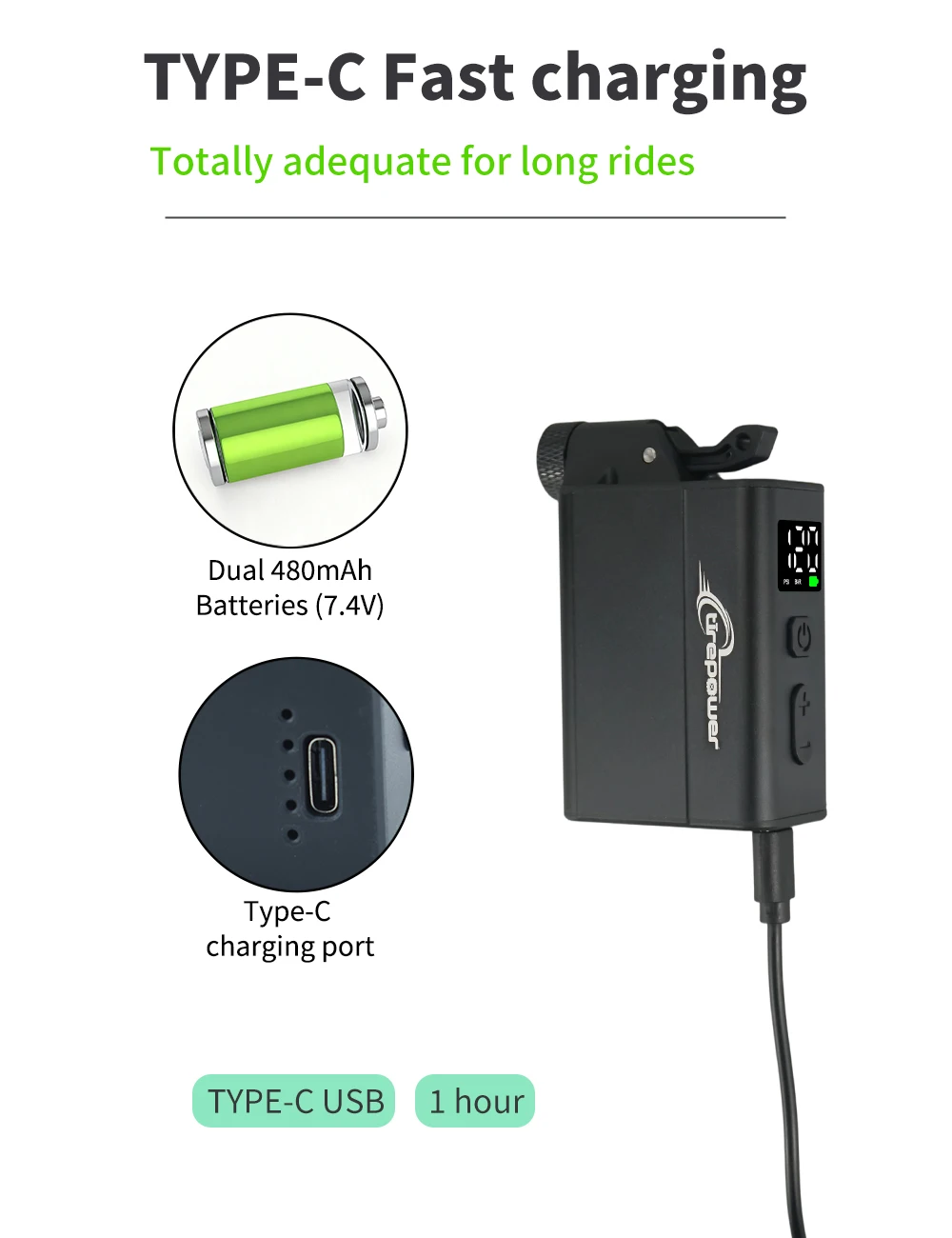 Elektrische Fahrradpumpe mit schnellem USB-C-Ladeanschluss, 120 PSI, tragbarer Mini-Reifenfüller mit zwei 480mAh Akkus und Display – Detail 38