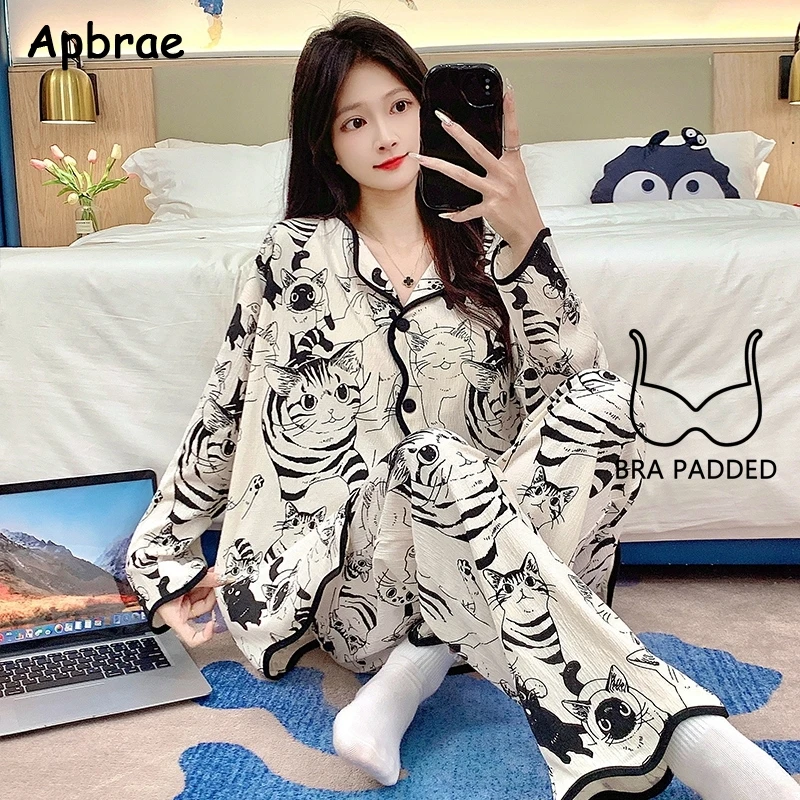 New Autumn Sweet Strawberry Print Girl Pajamas with Bra Pads Long Sleeves Cardigan Pijamas Fashion Soft Woman Homewear