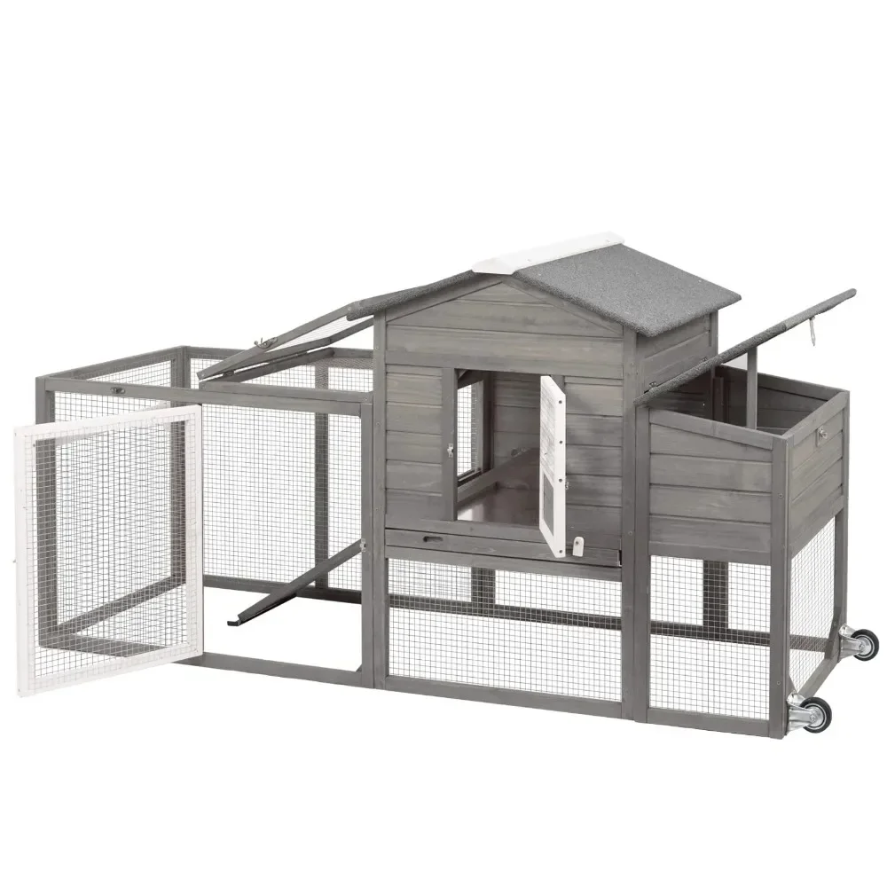 

78.7" Chicken Coop with Run Large Wooden Chicken House with Wheels, Combinable,Gray Easy to Clean: Designed with a pull-out tray