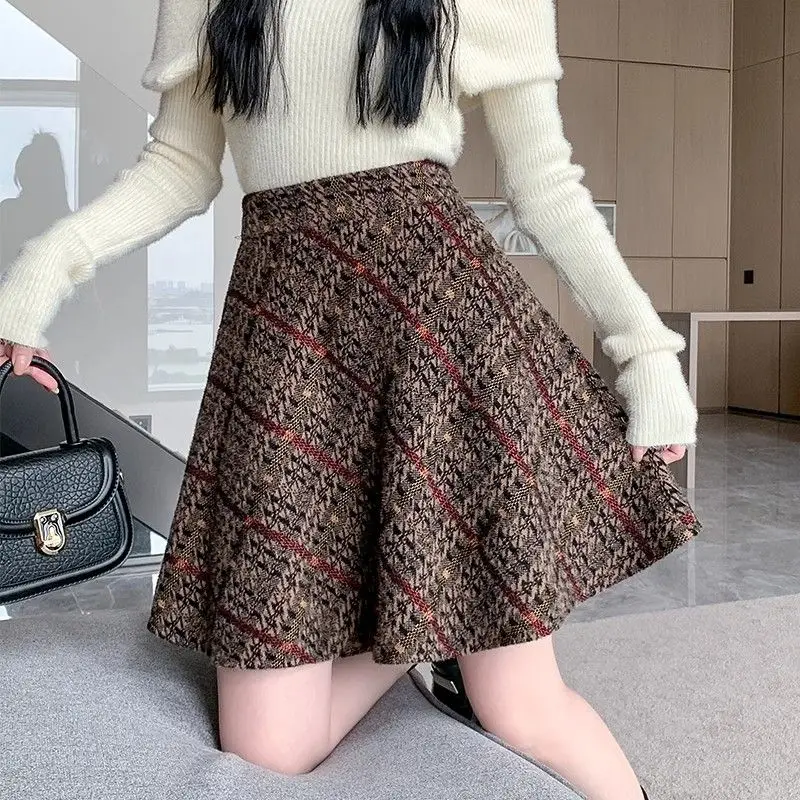 

Simplicity Fashion Autumn Winter Woolen Women Grid Pattern High Waist Temperament All-match Slim Short A-line Ball Gown Skirt