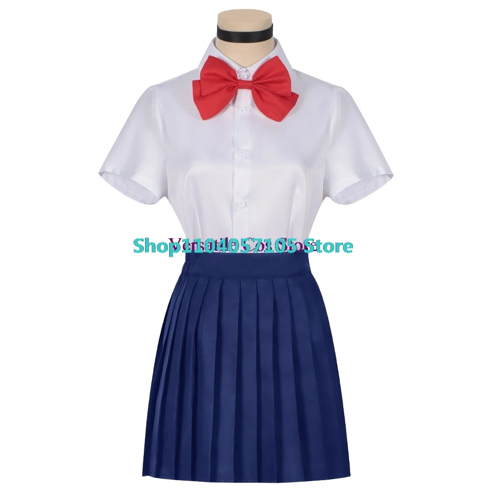 Anime Dandadan Momo Ayase Cosplay Costume Pink Top Blue Skirt School Uniform Earrings Socks Halloween Party Uniform Women Props