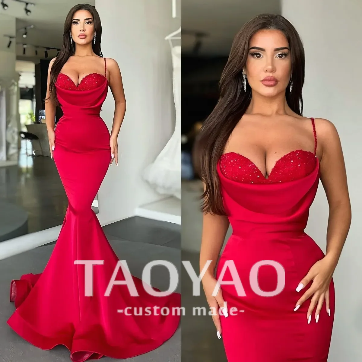 Sexy Red Satin Mermaid Prom Dresses Sweetheart Sequins Party Evening Gowns Pleats Semi Formal Carpet Long Special Occasion dress