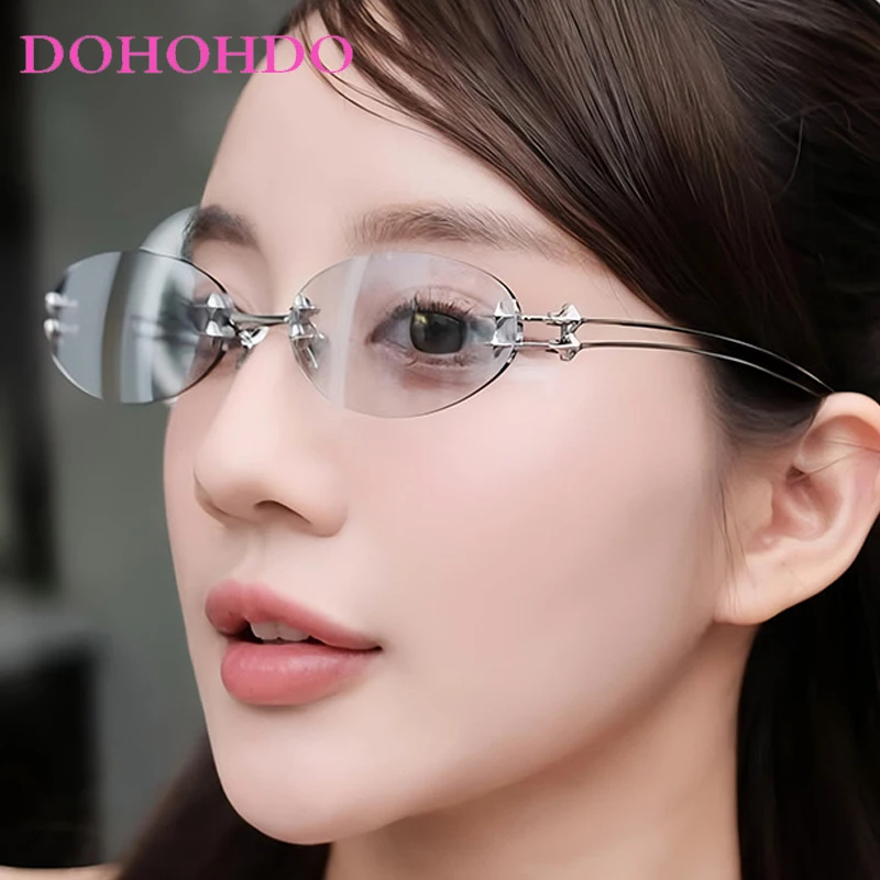Vintage Y2K Metal Rimless Oval Star Decoration Sunglasses 