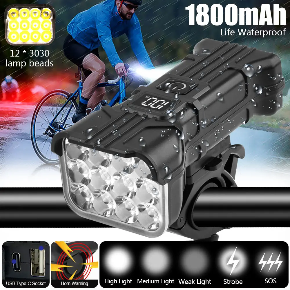 

12 LED Bicycle Front Light Rechargeable with Horn Bicycle Head Lights Cycling Bike Safety Lamp for Night Riding Power display