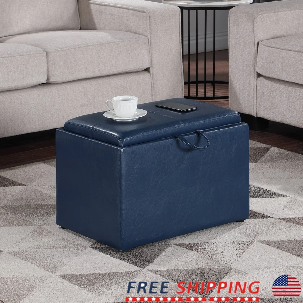 

Modern Faux Leather Storage Ottoman with Reversible Tray Soft Cushion Indoor Seating Multifunctional Coffee Table Easy Assembly