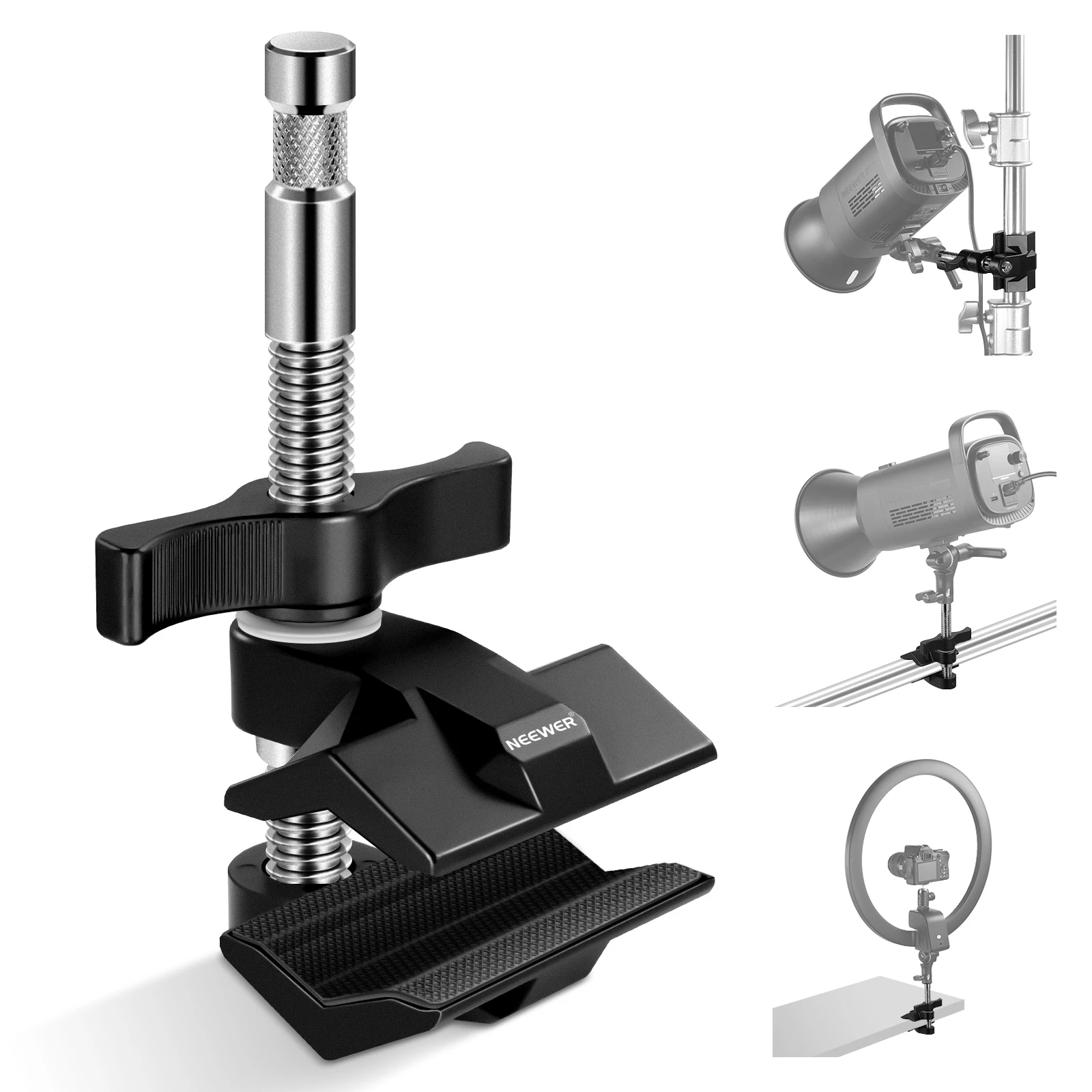 NEEWER Endbackengriff mit 5/8-Zoll-Bolzen, Rohrgriffklemme mit Stahlschaft und verstellbaren Aluminiumbacken, Gummipads für C-Ständer – Detail 1