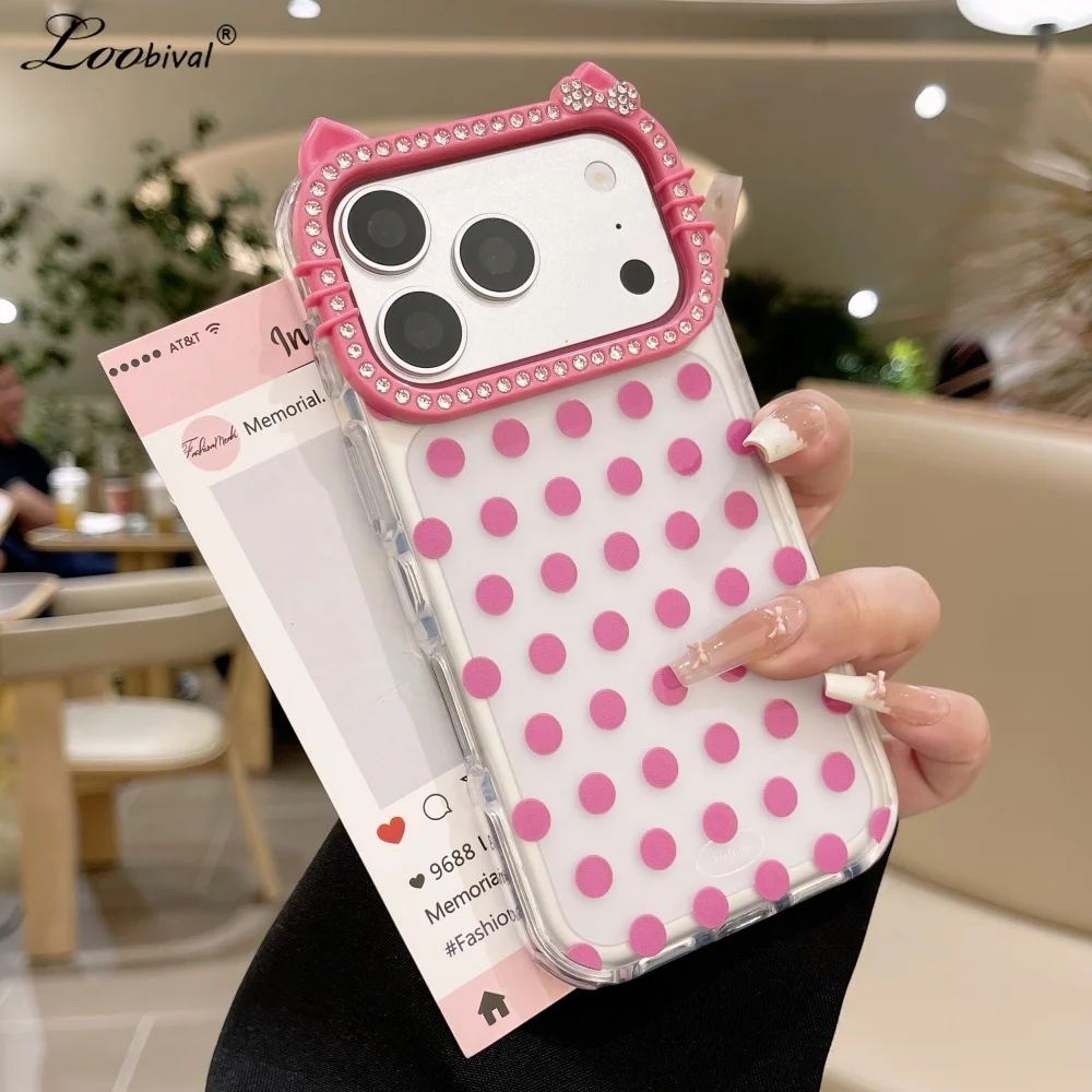 Glitzernde Katzenohren Polka Dot Matt Hülle für iPhone 17 16 15 Pro Max 14 Plus 13 Wellenpunkt Bling Diamant Stoßfeste Luxus-Schutzhülle