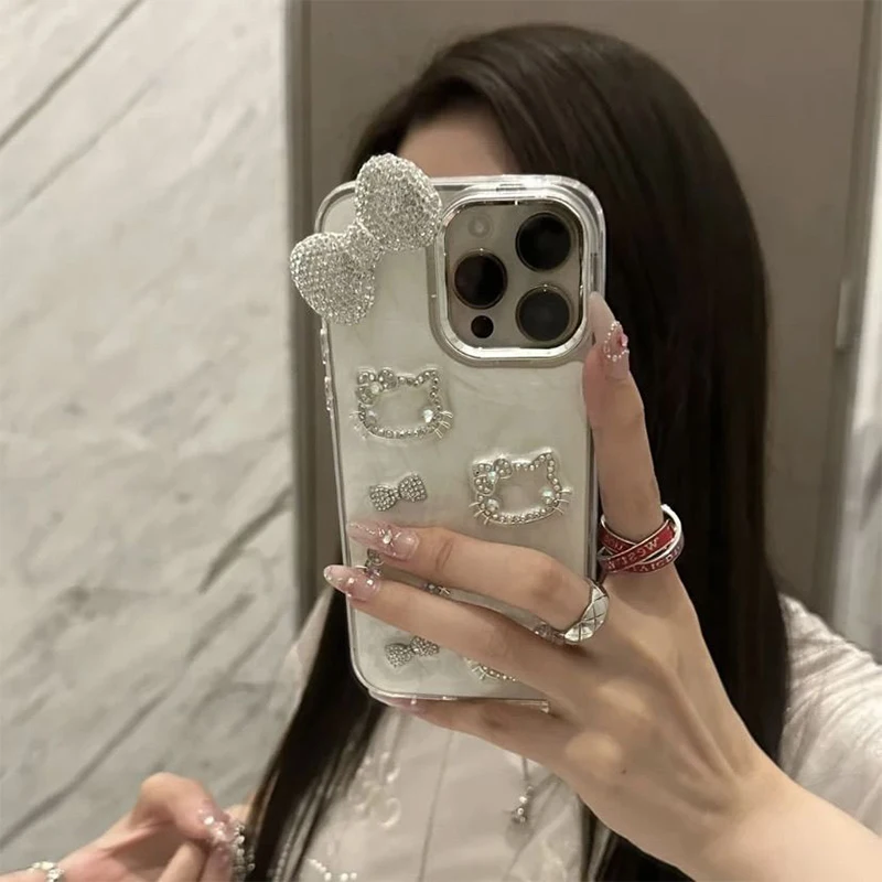 Light Luxury Sparkling Diamond Three-Dimensional Chain Hello Kitty Cat Apple 16 Phone Case Iphone 15/14 Plus/13Promax/12/11