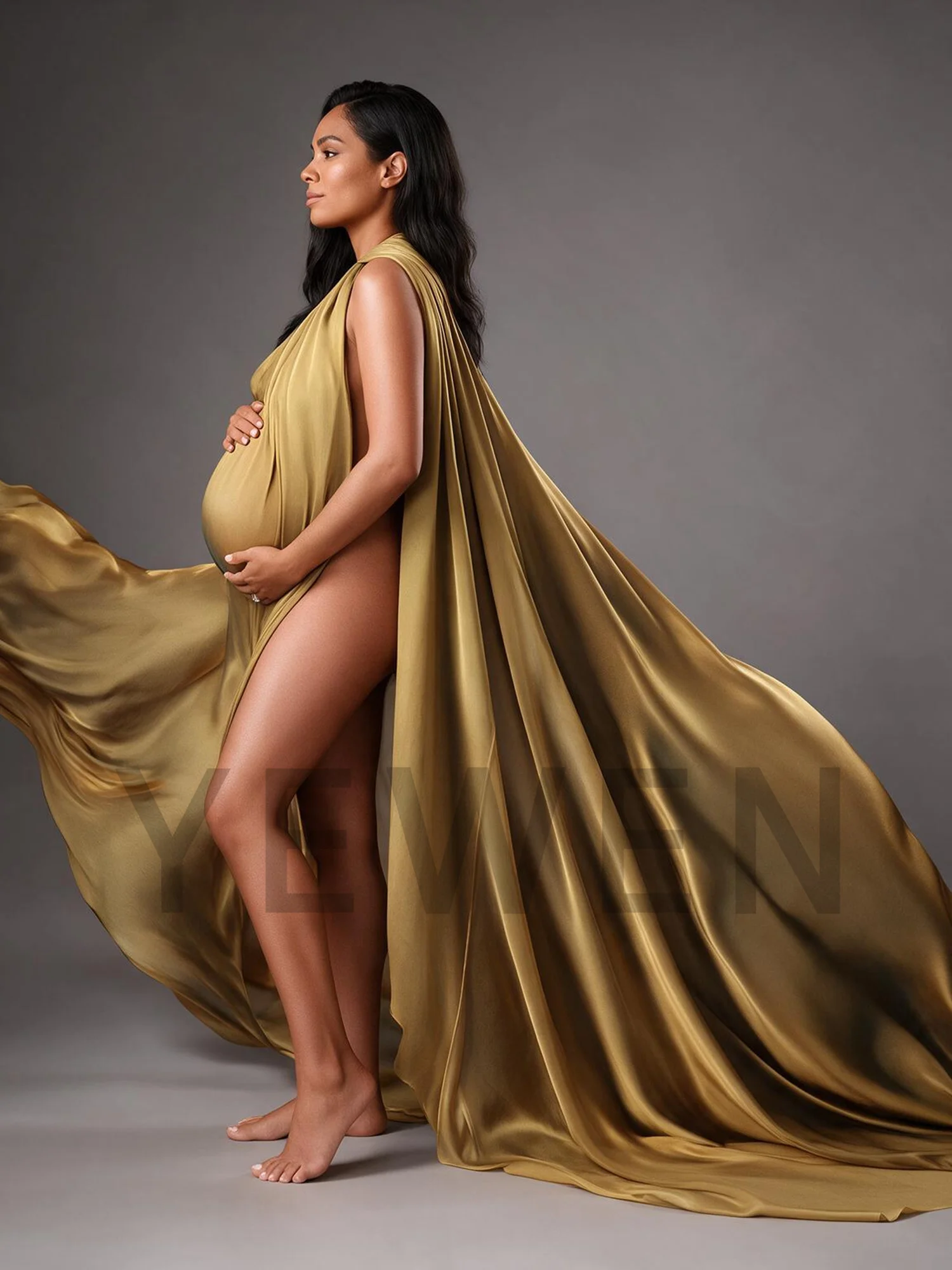 Satin Maternity Photography Dress Halter Neck Pregnancy Gown High Split Maternity Photoshoot Maxi Dress with Cape Train