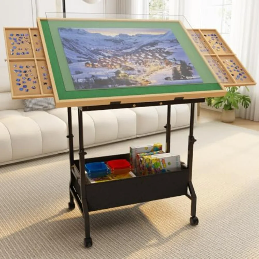 

Large Puzzle Table for 300-1500 Piece Puzzles Rolling Puzzle Board with Felt Surface, Adjustable Height Angle, Gray Storage Dra