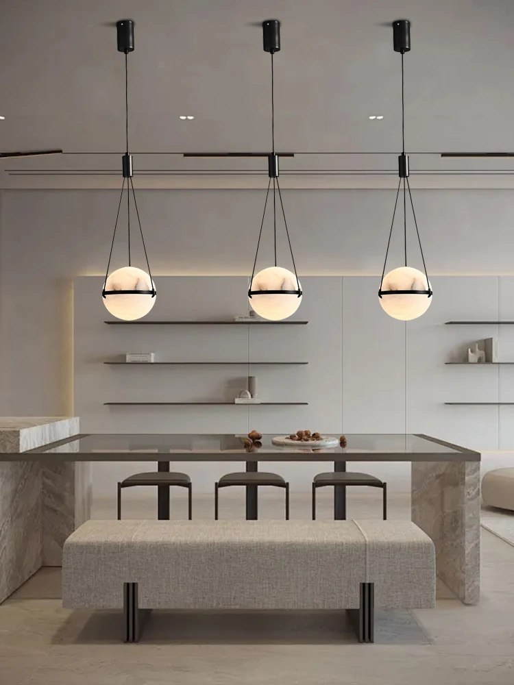 Modern LED Spherical Natural Marble Pendant Light, Home Decor Dining Table Kitchen Island Alabaster Hanging Lamp Black Stone