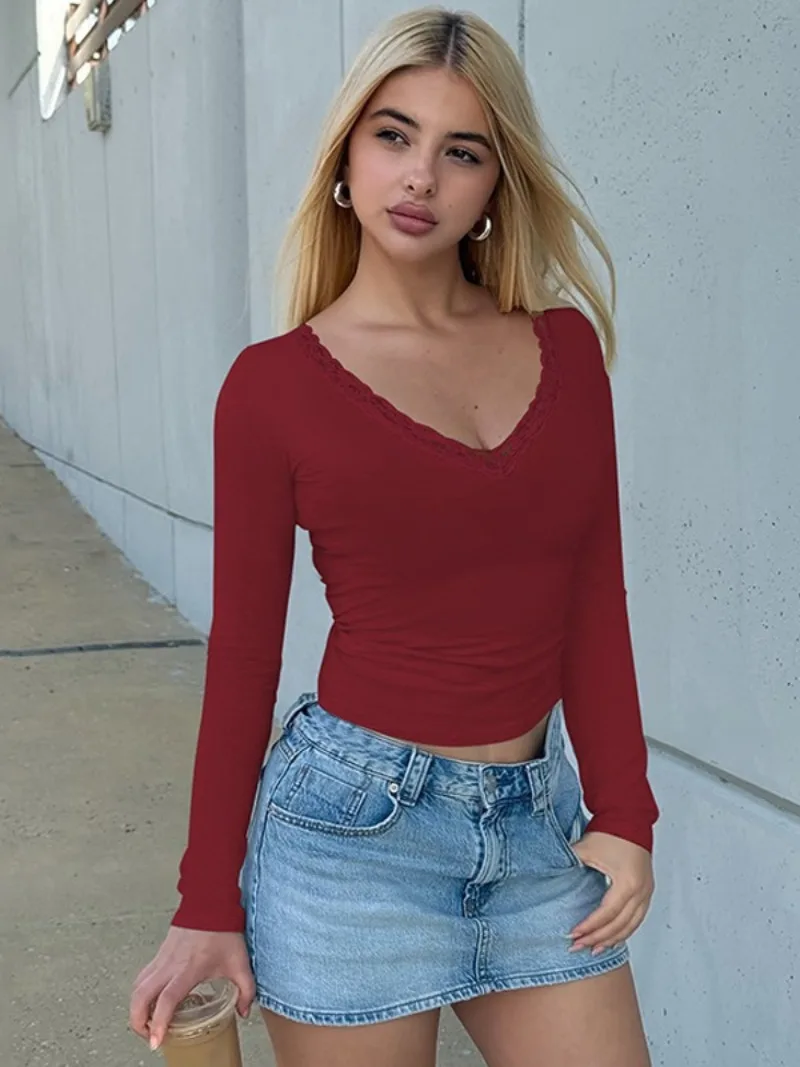 

Woman Clothes V-neck Long Sleeve T-shirts Streetwear Y2K Ladies Lace Patchwork Slim T Shirt Casual Sexy Cropped Tops Corset Tees