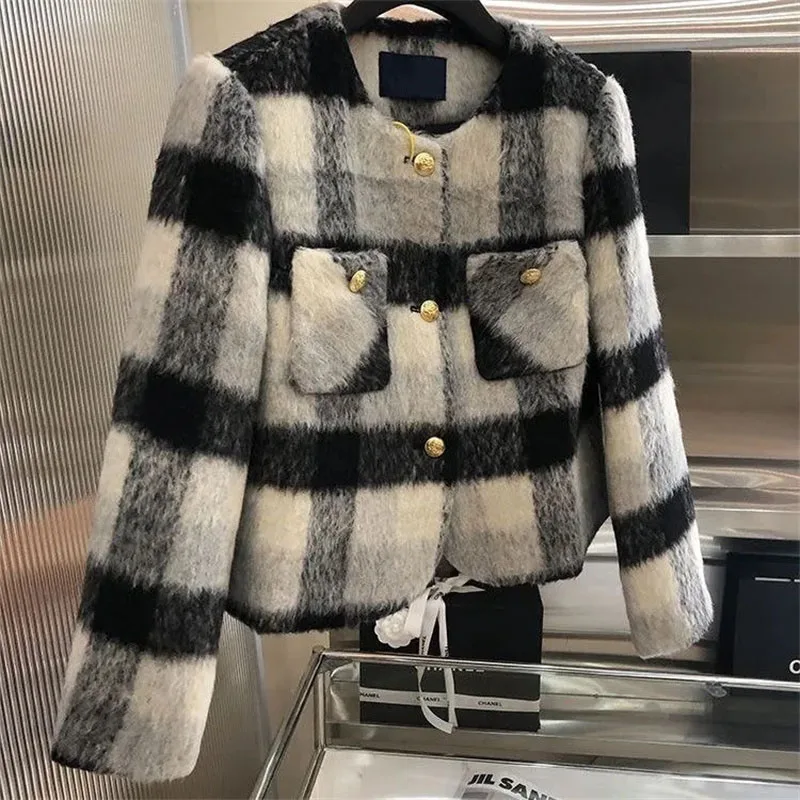 High-grade Women Long Sleeves Woolen Tops Coat Retro Ladies Loose Plaid Woolen Jacket Feminine Fashion Round Neck Short Outerwea