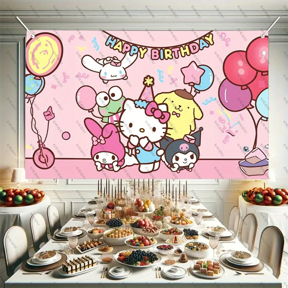 MINISO名創優品 ハローキティ背景幕 吊り下げ布 お祝い ルームデコレーション 写真背景 寮の装飾 壁 誕生日パーティーバナー