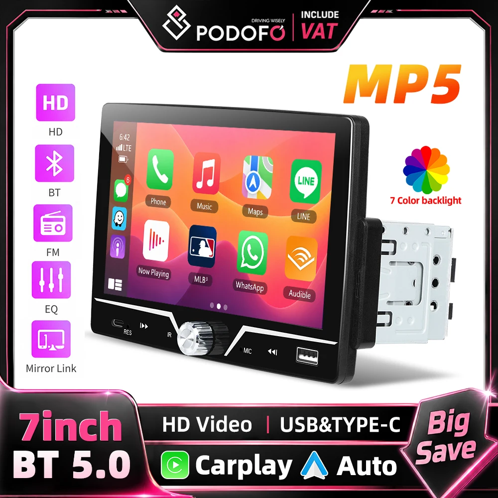 Podofo 7-calowy 1 Din Radio Samochodowe MP5 z Przewodowym Carplay, Android Auto, Mirror Link, Sterowaniem Kierownicą, Radio FM, EQ, USB Type-C, BT, Radio Samochodowe, Autoradio, Odtwarzacz