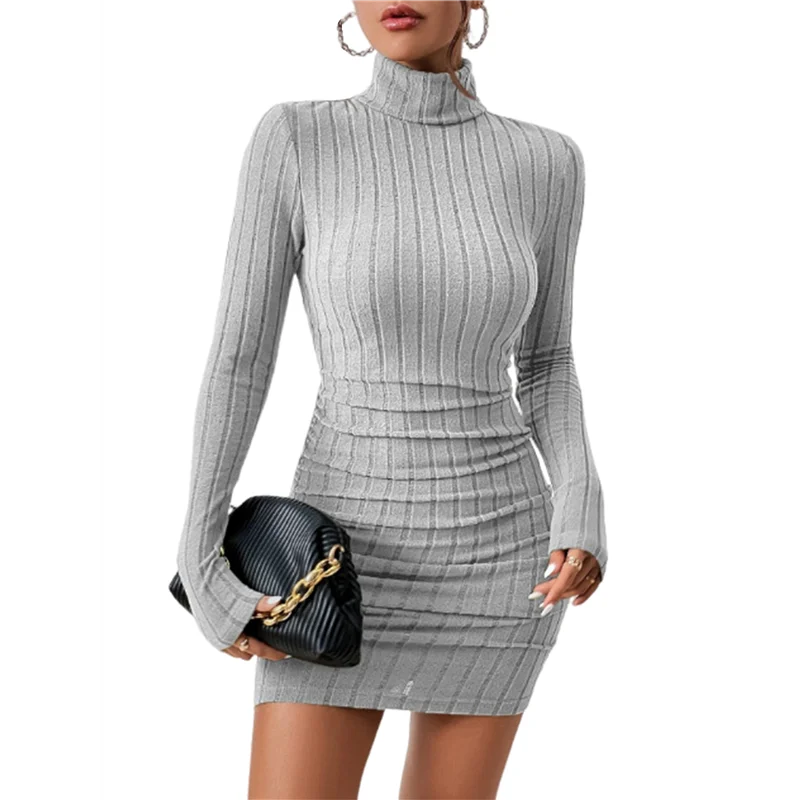 

FX-Women's Rib Knit Ruched Long Sleeve Short Bodycon Dresses High Neck Slim Fit High Waist Sweater Dress