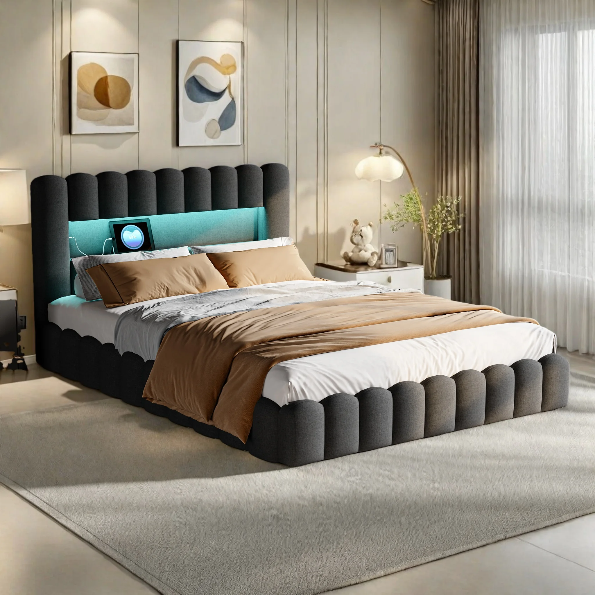 Base de Cama Doble Comanlai de 180x200cm, Tapizada en Gris, con Tira de Luces LED, Elevación Hidráulica y Gran Espacio de Almacenamiento