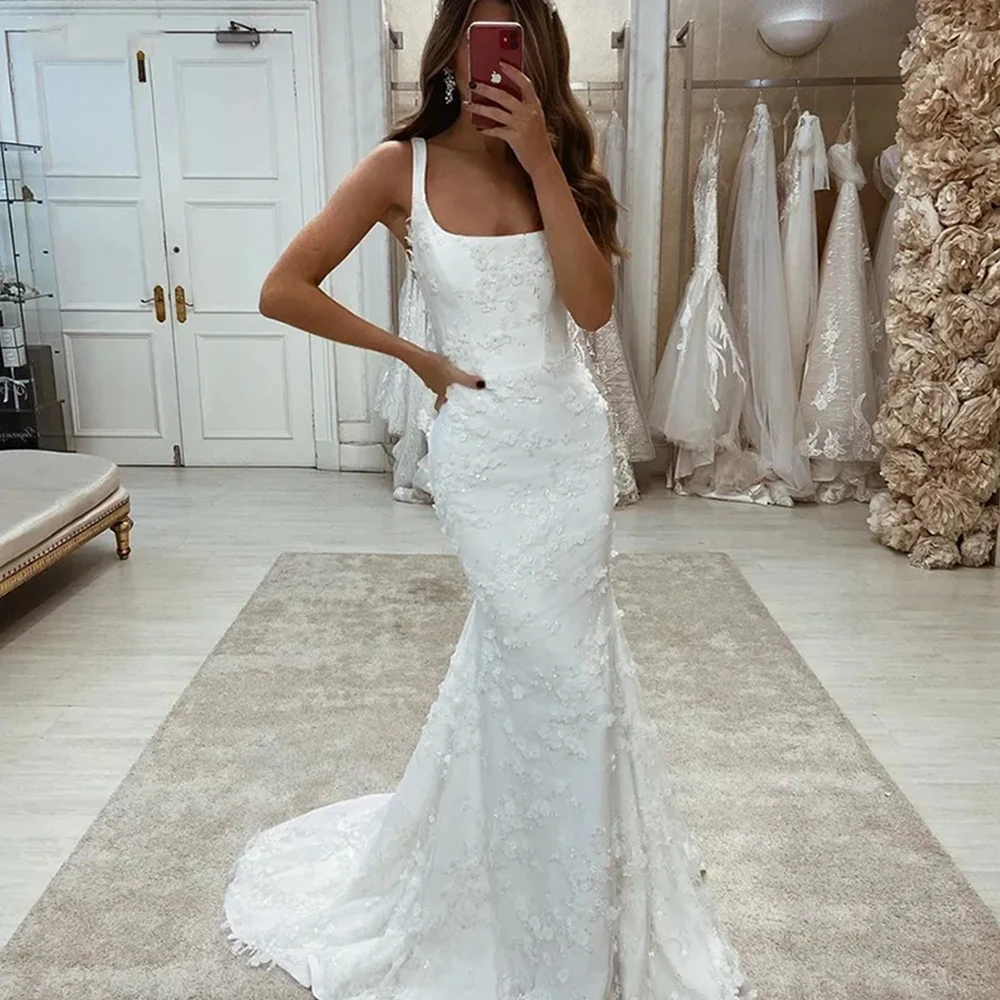 

Pretty Sexy Mermaid Quality Mopping The Floor Wedding Dresses Spaghetti Straps Bride Gown With Lace Applique A-Line Sweep Train