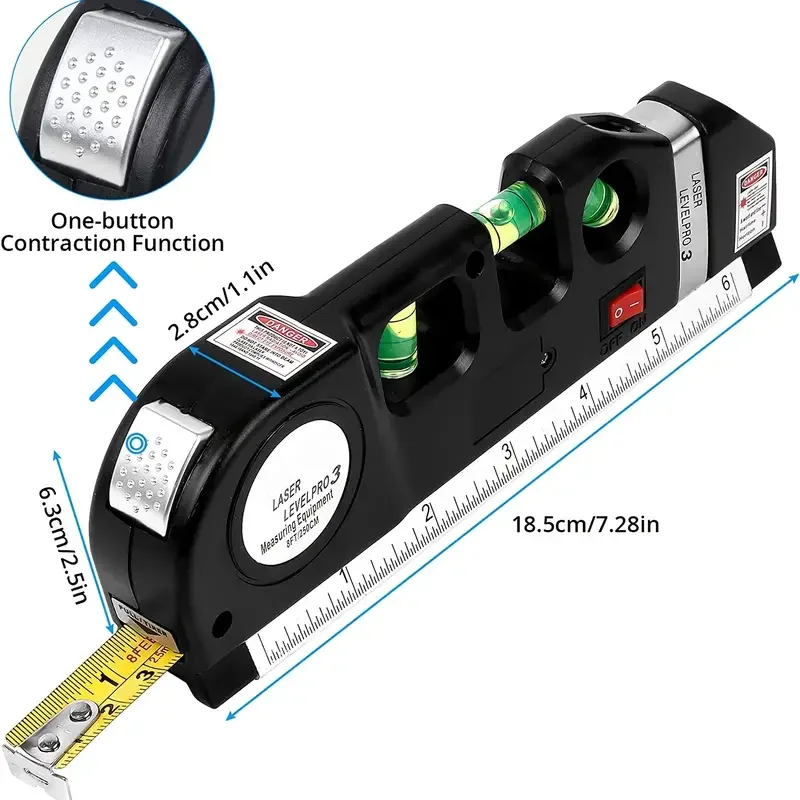 Laser Level Multipurpose Line Laser Leveler Tool Cross Line Lasers With 8FT 2.5M Standard Measure Tape and Metric Rulers