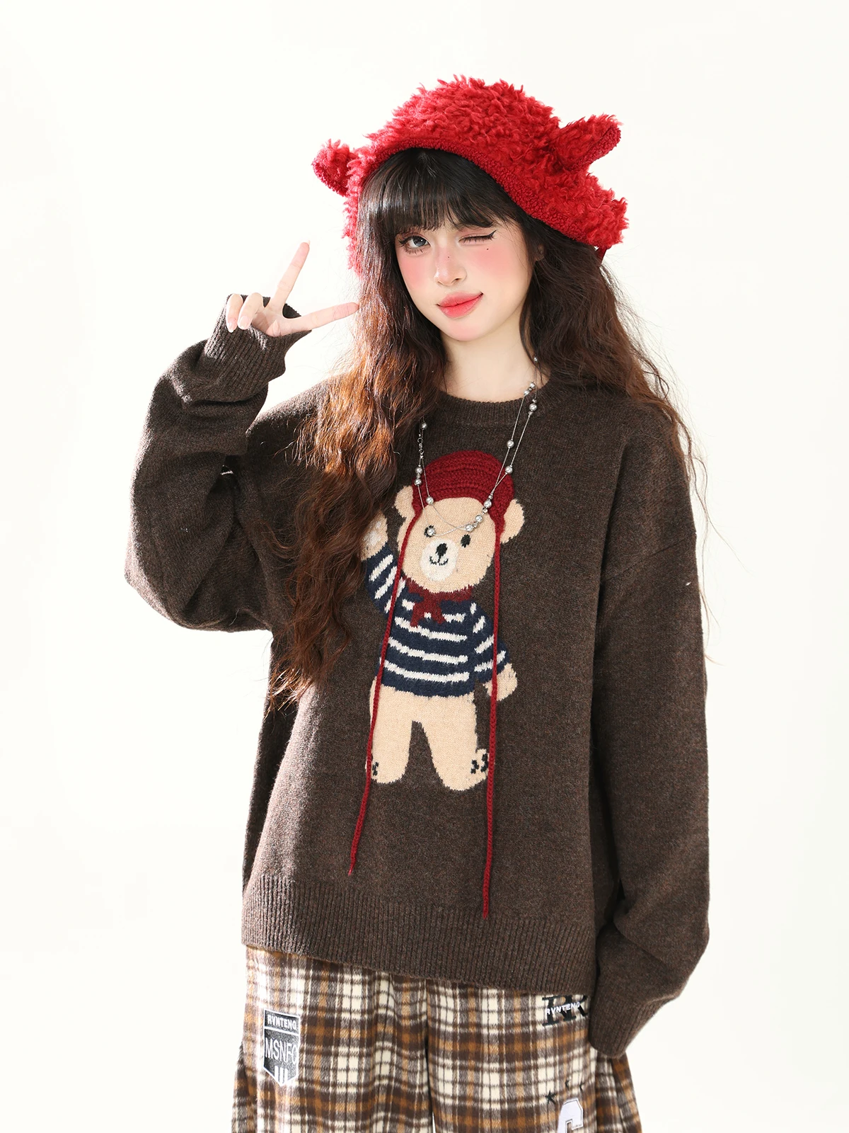 

ENJOG Retro Knitted Bear Color Blo Women's Sweater Casual round Ne Top Autumn Winter Lazy Sle Long Sve Polyester Blend