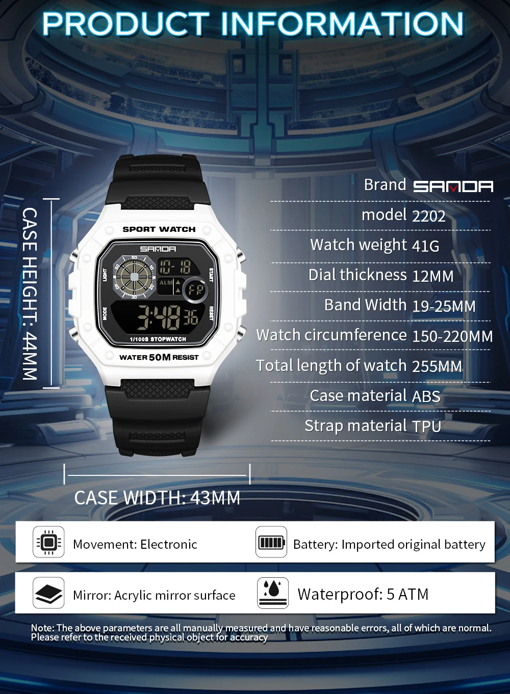 SANDA SD2202 Orologio digitale da uomo Esercito militare Sport Orologio da polso elettronico Cronometro a LED di lusso Orologio impermeabile