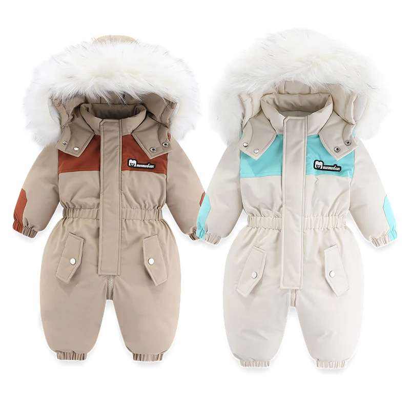 Winter Children Ski Suit Thicken Waterproof Baby Jumpsuit Warm Baby Girl Clothes Plus Velvet Infant Romper Boys Coat 1-5 Years