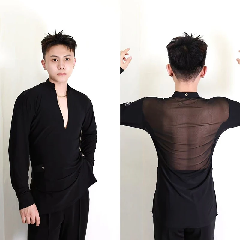 

2025 Новые топы для латинских танцев для мужчин, сетчатые рубашки с воротником-стойкой, профессиональная одежда для латинских танцев для взрослых, чача, румба, танго, DQS18551