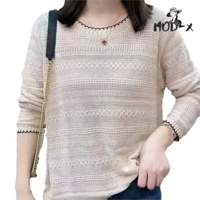 MODX Sweater kerah Crewneck wanita, baju Sweater tipis Model baru Atasan bawah longgar versi Korea warna kontras