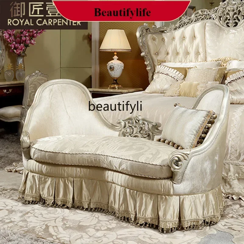8071  European-style bedroom furniture, solid wood hand-carved luxury fabric chaise longue, bedside stool R