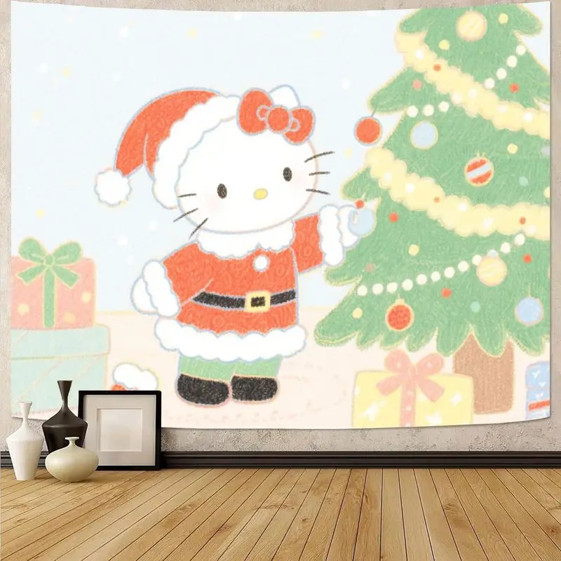 

1PC Sanrio Hello Kitty Santa Christmas Tree Decor Tapestry, Cute Kawaii Polyester Wall Art for Room Holiday Gift