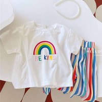 Girls Striped Clothes Sets Summer Children Short Sleeve Suit Kids Rainbow Print T-shirt Tops+Pants 2Pcs Teen Fashion Thin Outfit