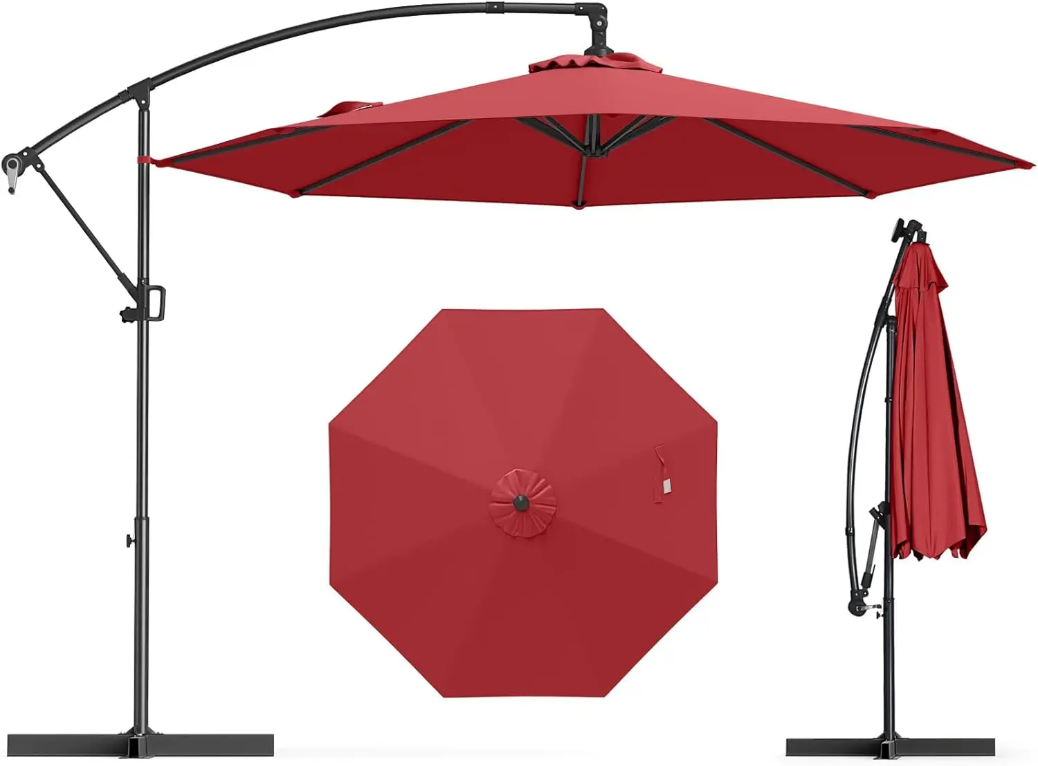 

10 FT Patio Offset Umbrella with X-shaped Base, 360° Rotation, Smooth Crank Handle, Vented Top for Backyard and Deck in Red