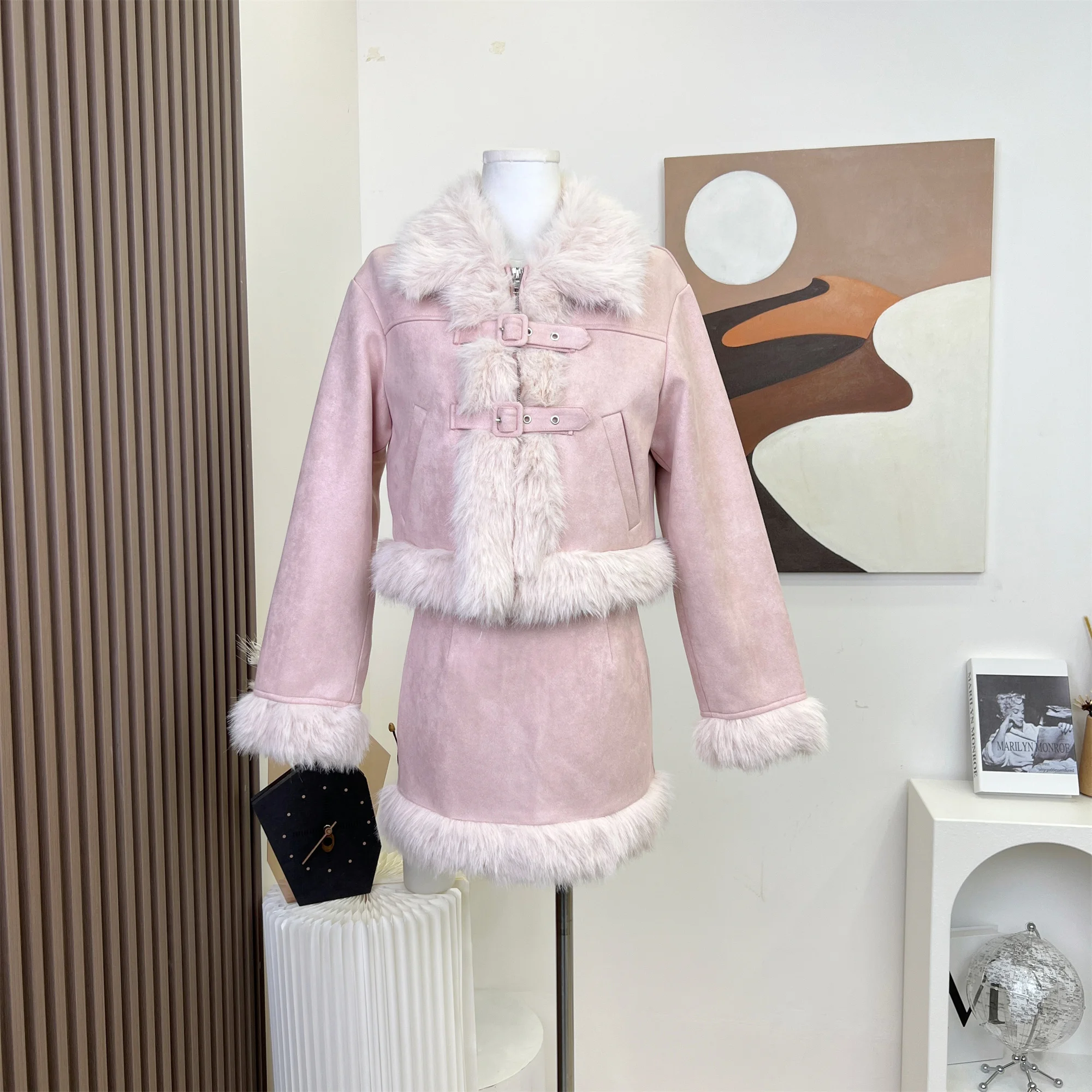 Women's Winter Lovely Pink Cotton Padded Warm Two Pieces Skirt Suit Lady Fuzzy Faux Fur Long Sleeve Short Jacket + Skirt Outfits