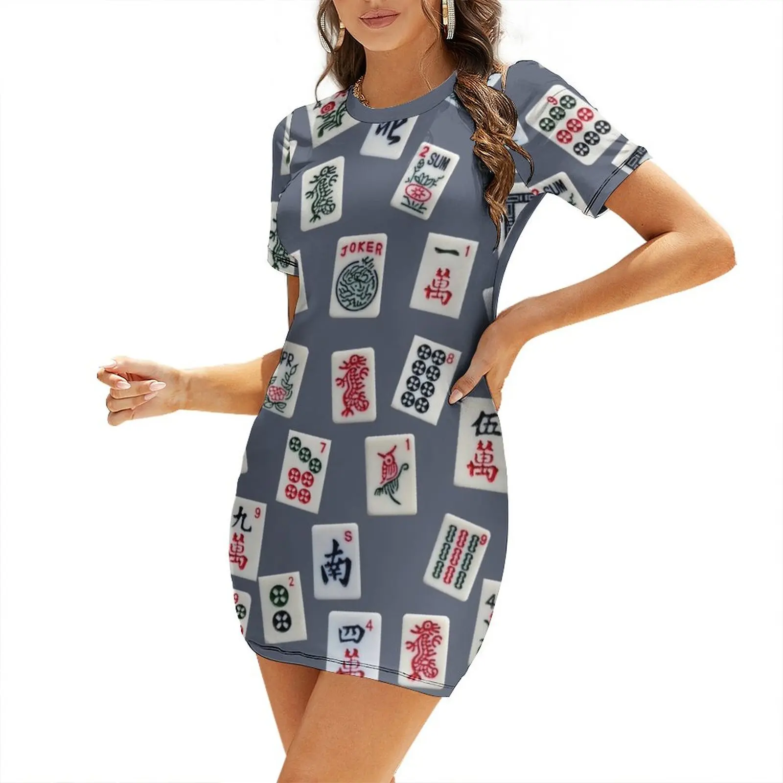 Mahjongg game tiles design on blue color Short Sleeved Dress summer dresses ceremony dresses Clothing female