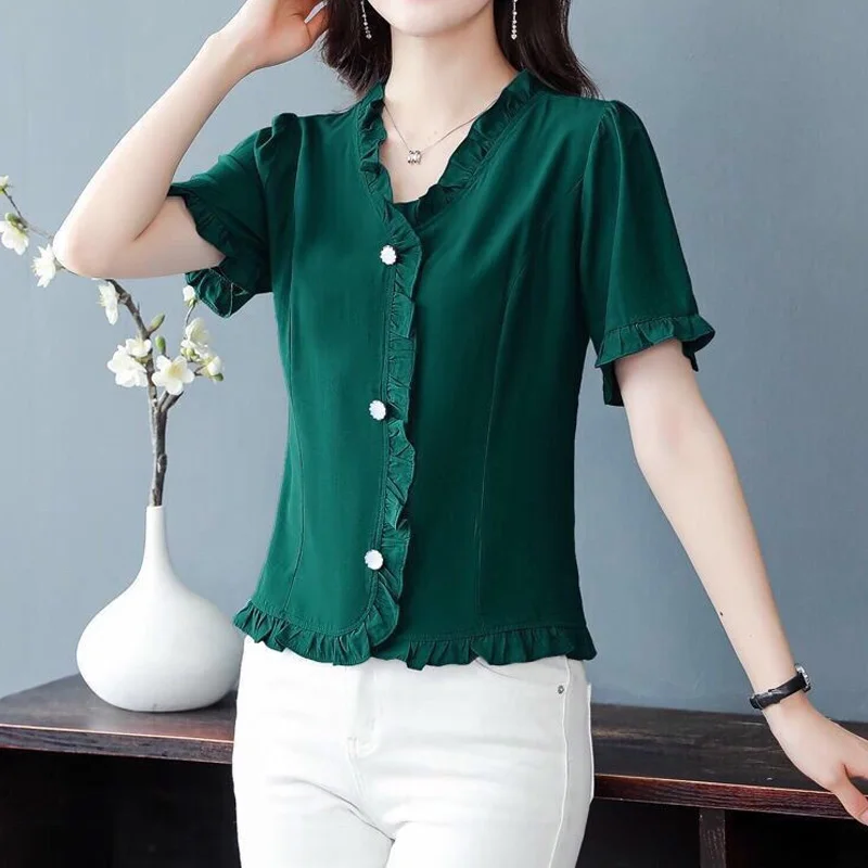 Elegant Ruffles Button Blouse Summer New Short Sleeve V Neck All-match Solid Short Shirt Tops Vintage Fashion Women Clothing