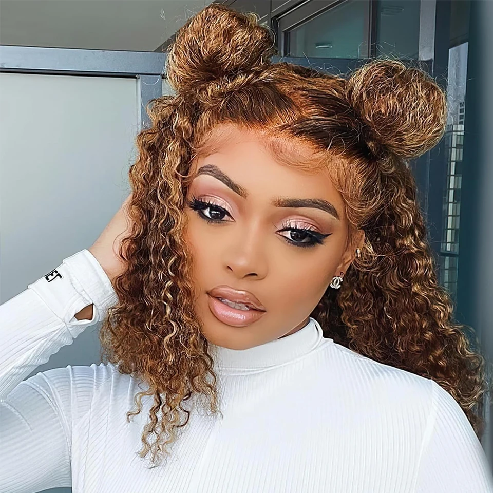 

Highlight Ombre Bob Wig Human Hair 13x4 Deep Curly Wave Lace Frontal 4/27 Colored 250 Density Short Wigs Pre Plucked for Women