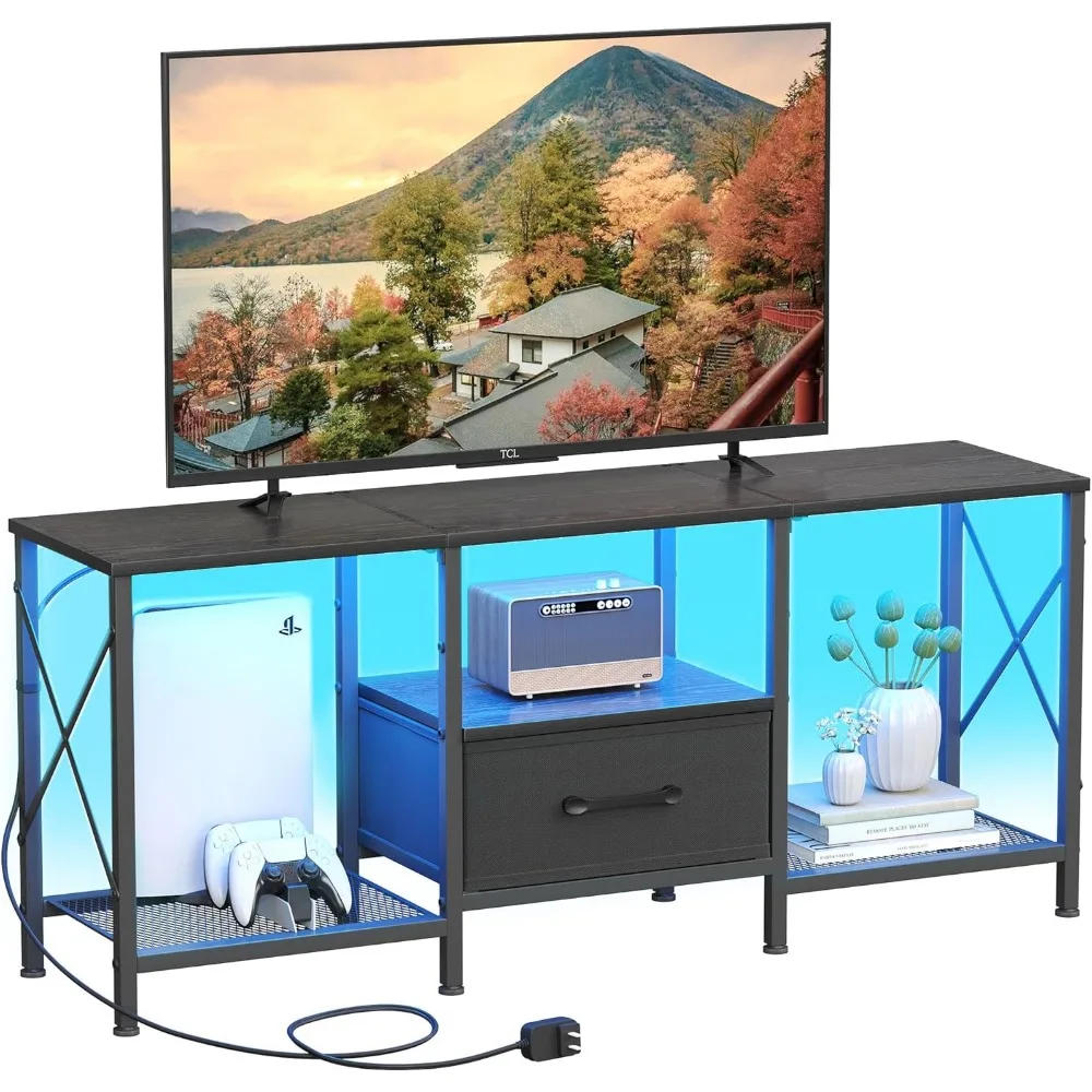 

LED TV Stand with Fabric Drawer, Entertainment Center for 50 55 Inch TV, Industrial TV Console Table with Open Storage Shelves f