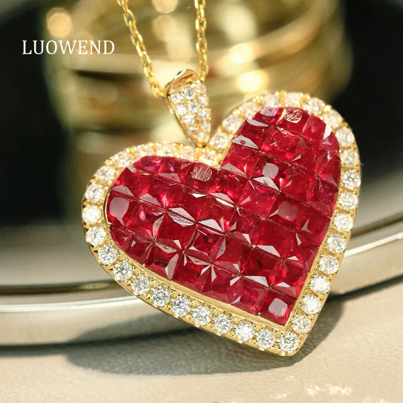 

LUOWEND 100% 18K Yellow Gold Necklace Romantic Heart Shape Shiny Diamond Natural Ruby Pendant Necklace for Women Fine Jewelry
