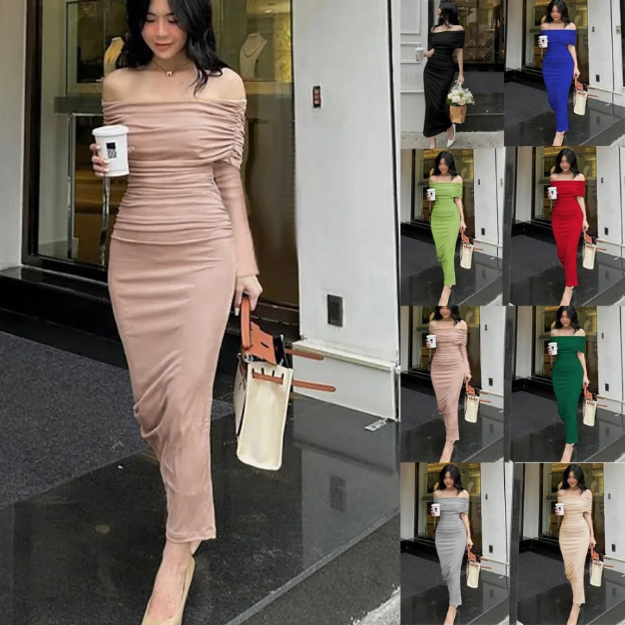 

【New style】2026 spring European and American one-line shoulder-folded dress slim slimming split skirt base dress long dress